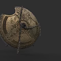 Ancient Medieval Shield with Broken Edge Intricate Metal Decorations and Chain Detail as Historical Weapon