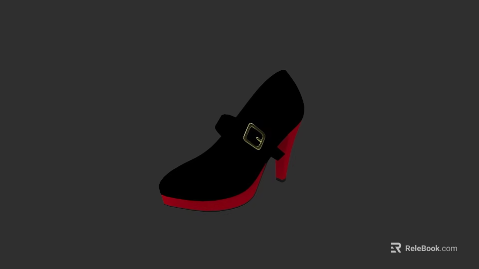 Stylish Black High Heel Shoes With Red Sole And Gold Buckle Design 3d model 