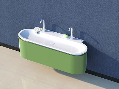 Modern Green And White Wall Mounted Vanity With Double Faucets On Blue Wall 3d model