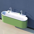 Modern Green And White Wall Mounted Vanity With Double Faucets On Blue Wall