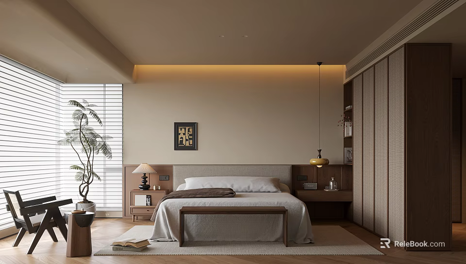 Cozy Modern Bedroom Interior Design With Bed Nightstand Lamp Blinds And Plant 3d model