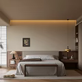 Cozy Modern Bedroom Interior Design With Bed Nightstand Lamp Blinds And Plant 3d model