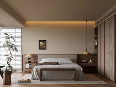 Cozy Modern Bedroom Interior Design With Bed Nightstand Lamp Blinds And Plant 3d model