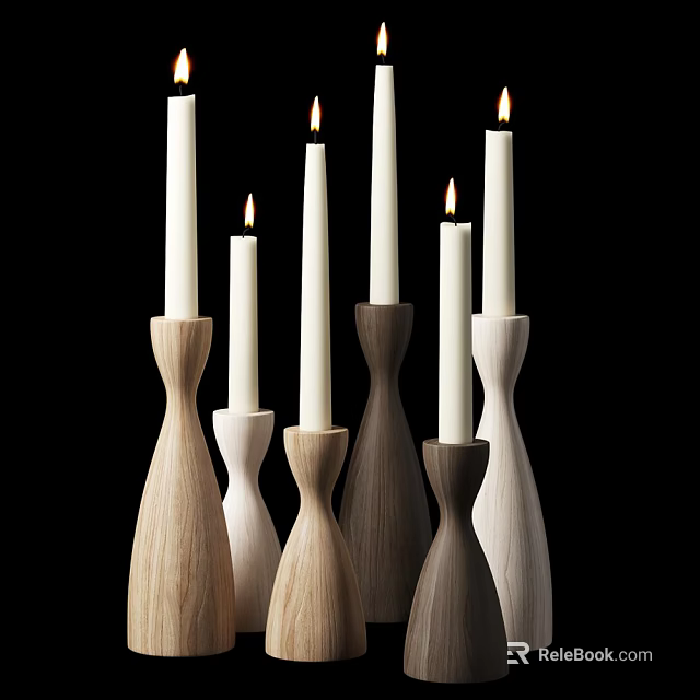 Modern Wooden Candle Lamps With Lit Candles And Unique Shaped Bases 3d model 