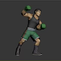 Man In Boxing Stance Wearing Green Gloves Black Tank Top Green Shorts And Purple Boots