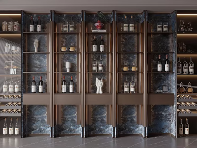Elegant Luxury Wine Cabinet Design With Dark Shelves Wine Bottles Glasses And Decorations 3d model