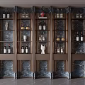 Elegant Luxury Wine Cabinet Design With Dark Shelves Wine Bottles Glasses And Decorations