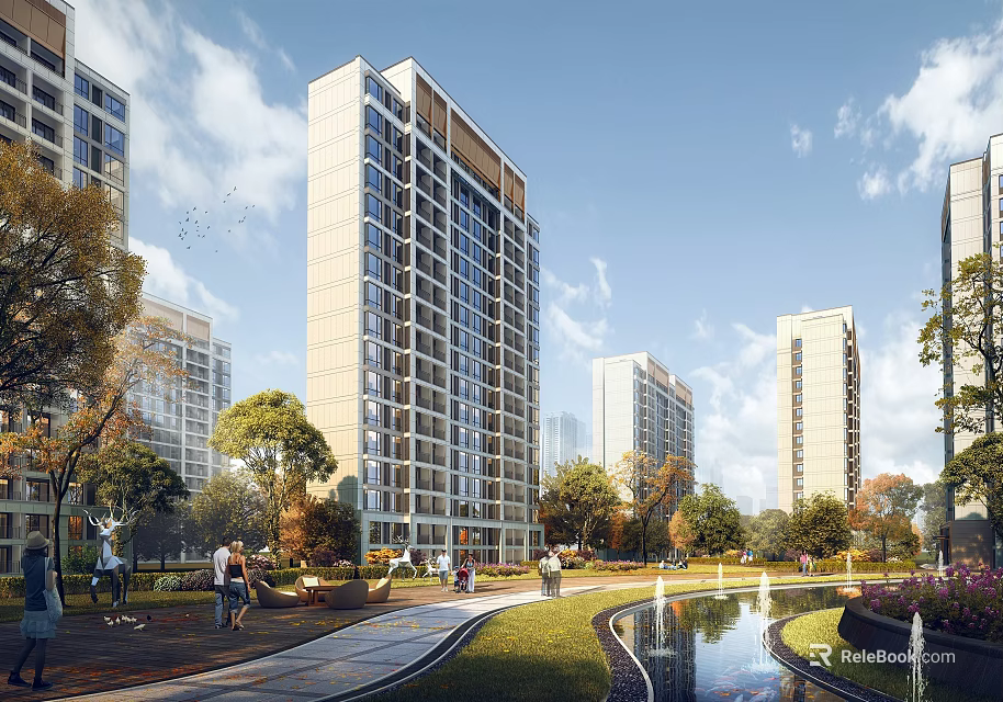 Modern Residential Complex With Tall Buildings Central Park Green Spaces And People Walking 3d model 