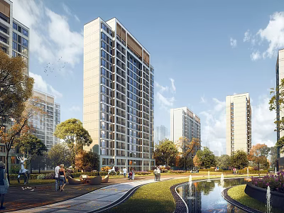 Modern Residential Complex With Tall Buildings Central Park Green Spaces And People Walking 3d model