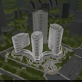 Modern Office Towers With Circular Tops And Curved Structure In Urban Green Landscape
