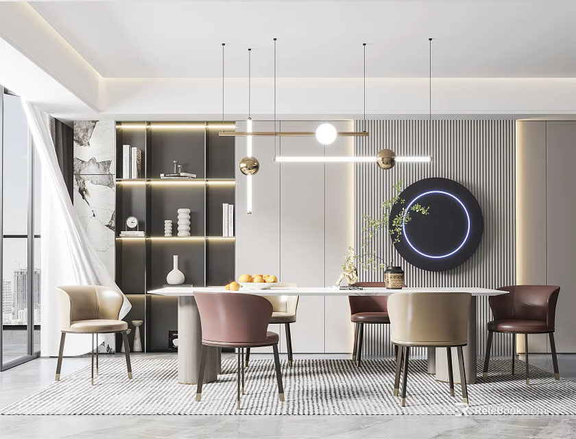 Modern Restaurant Interior With Round Dining Table And Hanging Pendant Lights 3d model