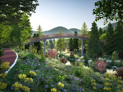 Scenic Landscape Bridge In Lush Green Forest With Red Pathway And Mountain View 3d model