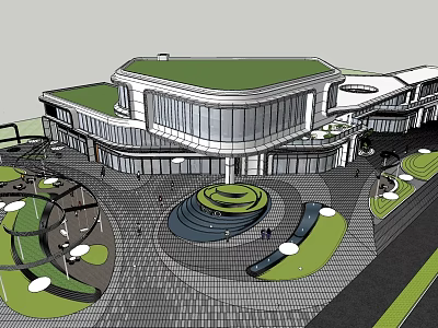 Modern Sales Office Building With Green Roof Large Glass Windows And Landscaped Central Plaza 3d model