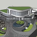 Modern Sales Office Building With Green Roof Large Glass Windows And Landscaped Central Plaza