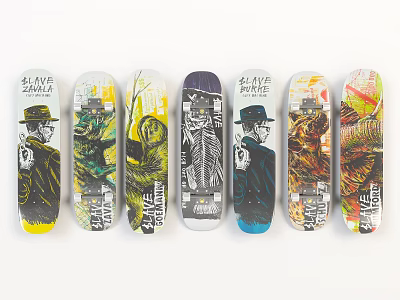 Multiple Colorful Skateboards With Artistic Graphics Featuring Characters Skeletons Animals 3d model