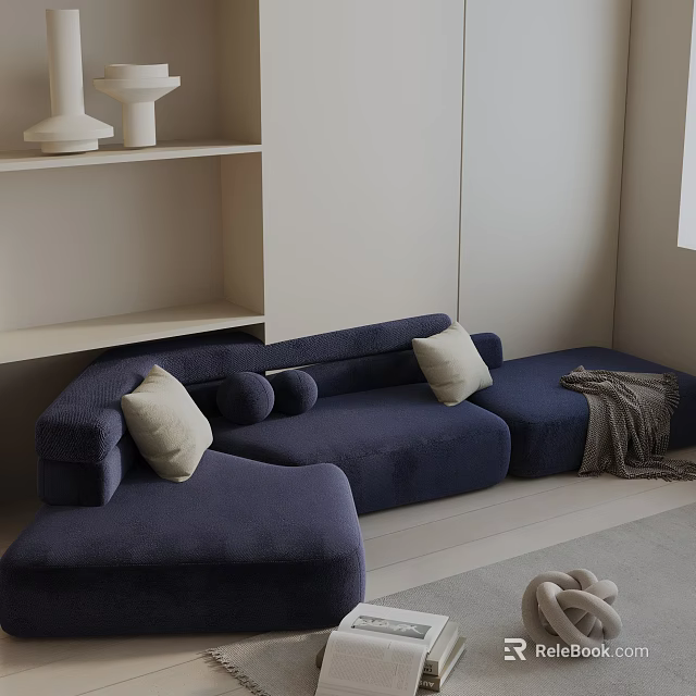 Navy Blue Three-Seater Corner Sofa With Light Colored Cushions Ottoman And Blanket Minimalist Interior 3d model 