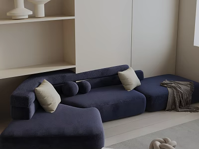 Navy Blue Three-Seater Corner Sofa With Light Colored Cushions Ottoman And Blanket Minimalist Interior 3d model