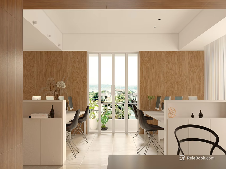 Modern Public Office Space With Wooden Paneling Large Windows Work Desks And Green Plants 3d model 