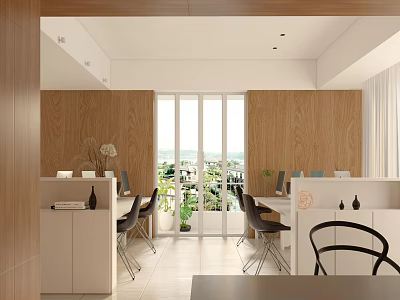 Modern Public Office Space With Wooden Paneling Large Windows Work Desks And Green Plants 3d model