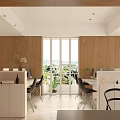 Modern Public Office Space With Wooden Paneling Large Windows Work Desks And Green Plants