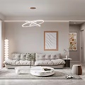 Modern Living Room Interior Design With Comfortable Sofa Circular Chandelier And Wall Art