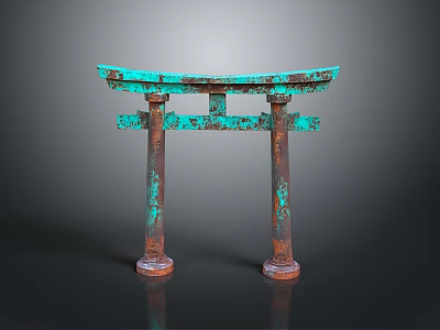 Traditional Torii Gate Structure With Turquoise Copper Patina And Rusted Columns 3d model