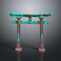 Traditional Torii Gate Structure With Turquoise Copper Patina And Rusted Columns