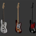 Three Electric Bass Guitars with Different Colors White Red Brown Black Displayed on Reflective Surface