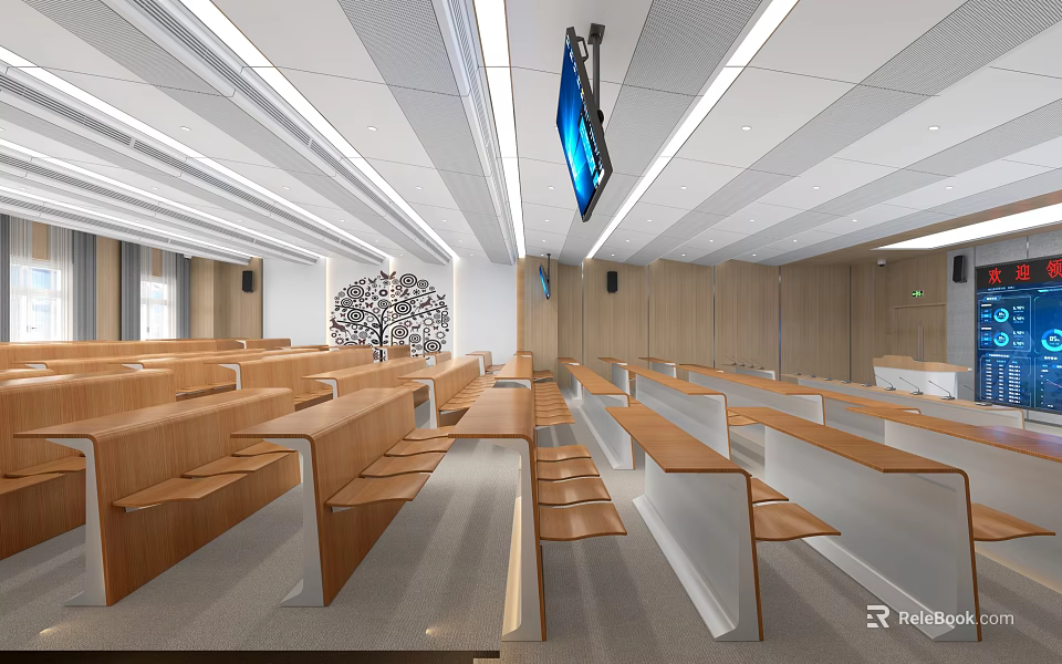 Modern School Classroom Interior With Desks And Screens 3d model 