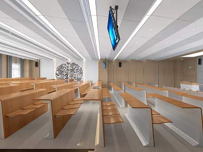 Modern School Classroom Interior With Desks And Screens 3d model