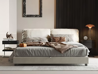 Modern Elegant Beige Double Bed Setup With Pillows Brown Blanket Nightstand Lamp And Wall Mirror 3d model