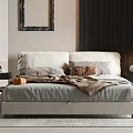 Modern Elegant Beige Double Bed Setup With Pillows Brown Blanket Nightstand Lamp And Wall Mirror