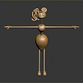 Golden Abstract Humanoid Character with Curly Hair Spherical Body and Slender Limbs on Dark Background