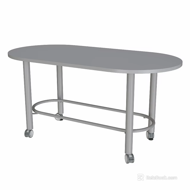 Oval Metal Table With Four Legs Lower Bar And Rolling Wheels 3d model