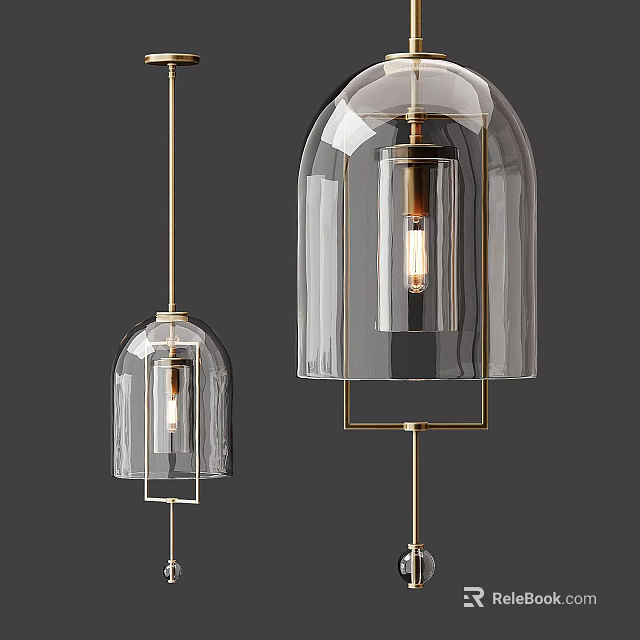 Modern Pendant Lights With Transparent Glass Shades Golden Metal Frames Two Sizes Cylindrical Bulbs 3d model 