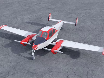 Red and White Twin Engine Passenger Plane Parked on Gray Tarmac 3d model