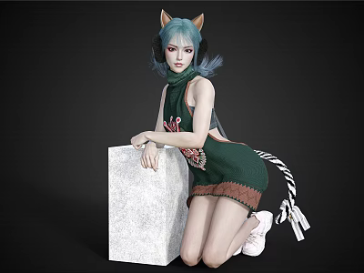 Woman With Cat Ears Teal Hair Headphones In Green Sleeveless Sweater Kneeling By White Cube 3d model