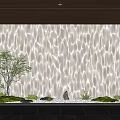 Decorative Lighting Illuminating Wavy Textured Wall With Tree Stones and Green Plants on Dark Floor
