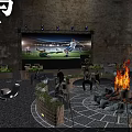 Outdoor Bar With Stone Wall Sports Projection Screen Fire Pit Green Plants And Seating Area