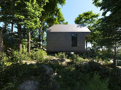 Detached Villa Surrounded by Lush Trees with Wooden Exterior and Gray Roof in Natural Greenery 3d model