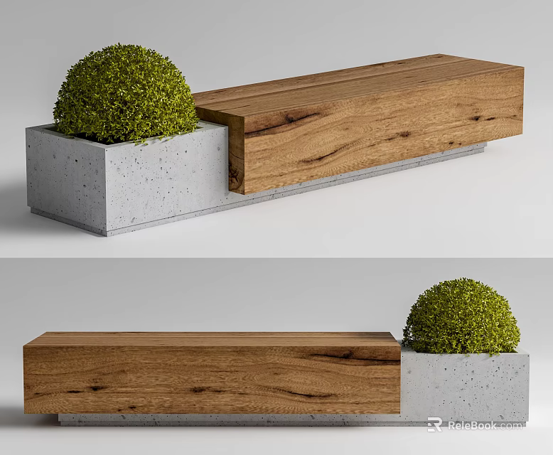 Modern Wooden And Concrete Bench With Attached Round Green Plant Decoration 3d model 