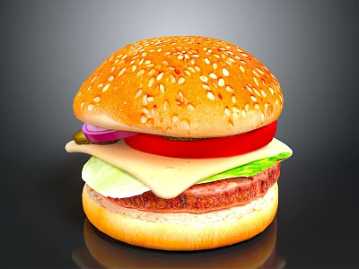 Delicious Fresh Hamburger With Sesame Seed Bun Tomato Red Onion Lettuce Cheese And Beef Patty 3d model