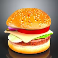 Delicious Fresh Hamburger With Sesame Seed Bun Tomato Red Onion Lettuce Cheese And Beef Patty