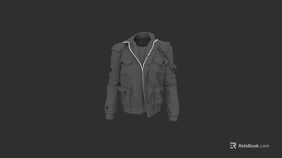 Gray Utility Jacket With Multiple Pockets Zipper Design And Stand Collar 3d model 