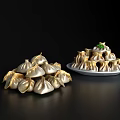 Golden And Silver Dumplings On Plates With Green Garnish And Delicious Look