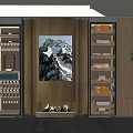 Modern Wine Cabinet With Brass Design Fireplace Mountain Painting And Wine Racks