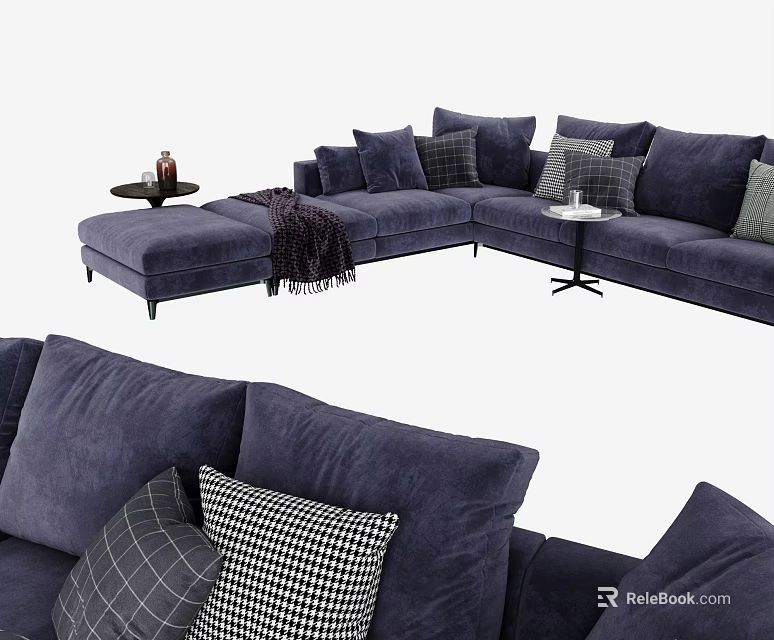 Navy Blue Velvet Sectional Sofa With Multiple Pillows Throw Blanket And Side Table 3d model