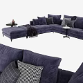 Navy Blue Velvet Sectional Sofa With Multiple Pillows Throw Blanket And Side Table 3d model
