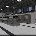 Professional Commercial Kitchen Interior With Stainless Steel Worktables Refrigerators Ovens And Hanging Utensils