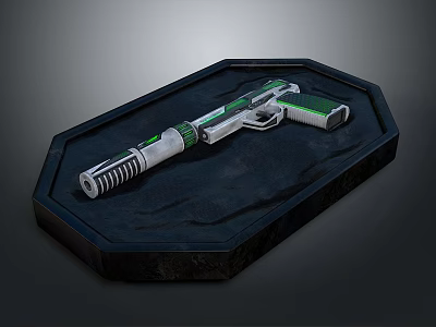 Futuristic Green And Silver Weapon With Grip And Barrel On Black Octagonal Tray 3d model